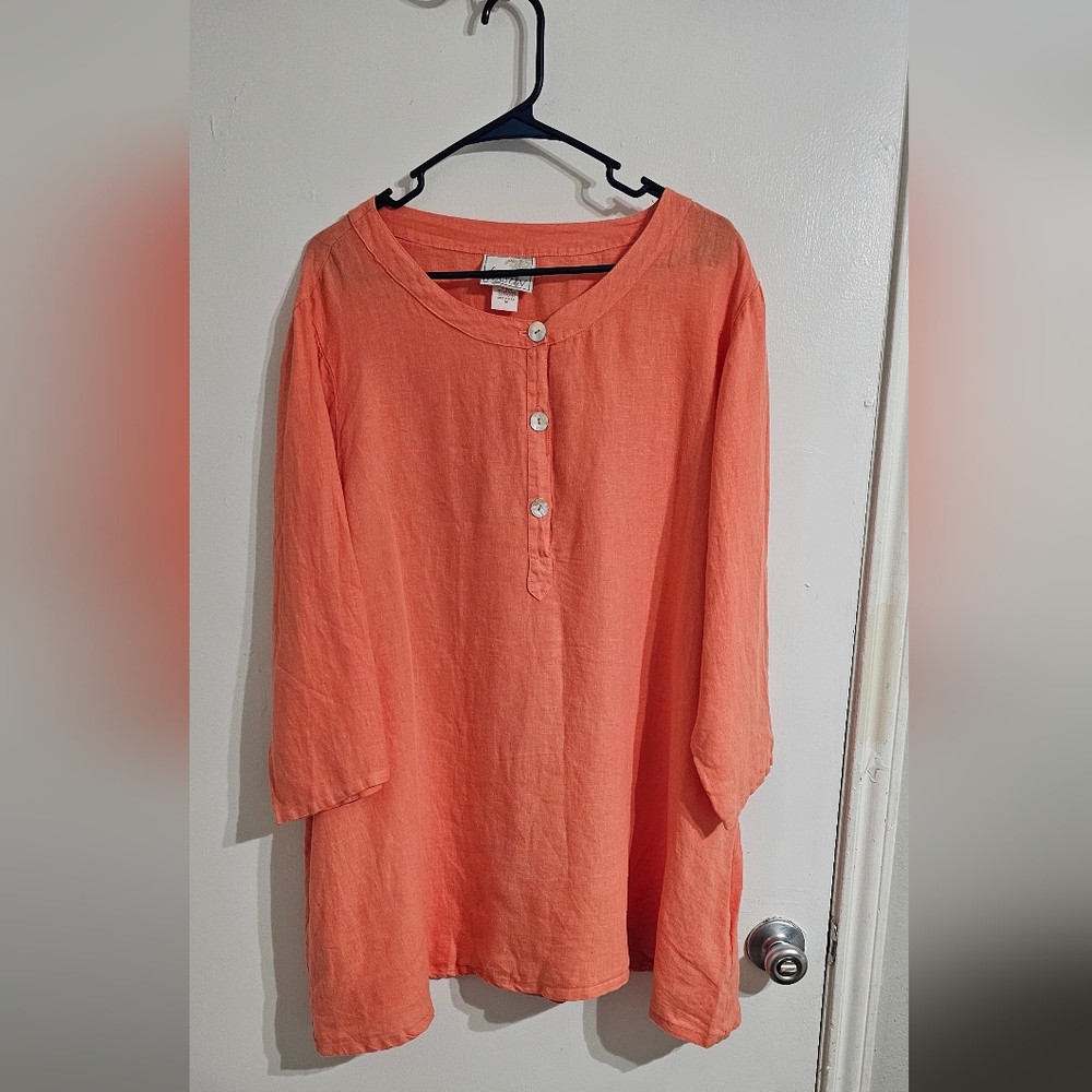 La Fixsun Linen Tunic Top Medium Orange Minimalist‎ Relaxed Longer Boho Modest